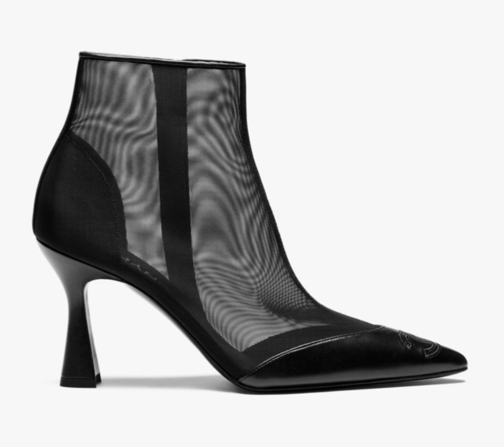 Chanel 26B Black Mesh Lambskin CC Logo Pointed Toe Short Ankle Heel Bootie 38.5